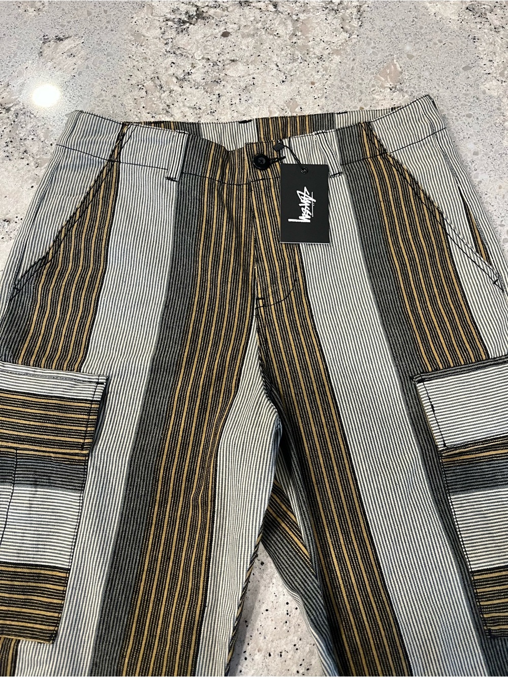 NWTs Stussy Men’s Striped Cargo Pants - Black, Grey & Gold Stripe
